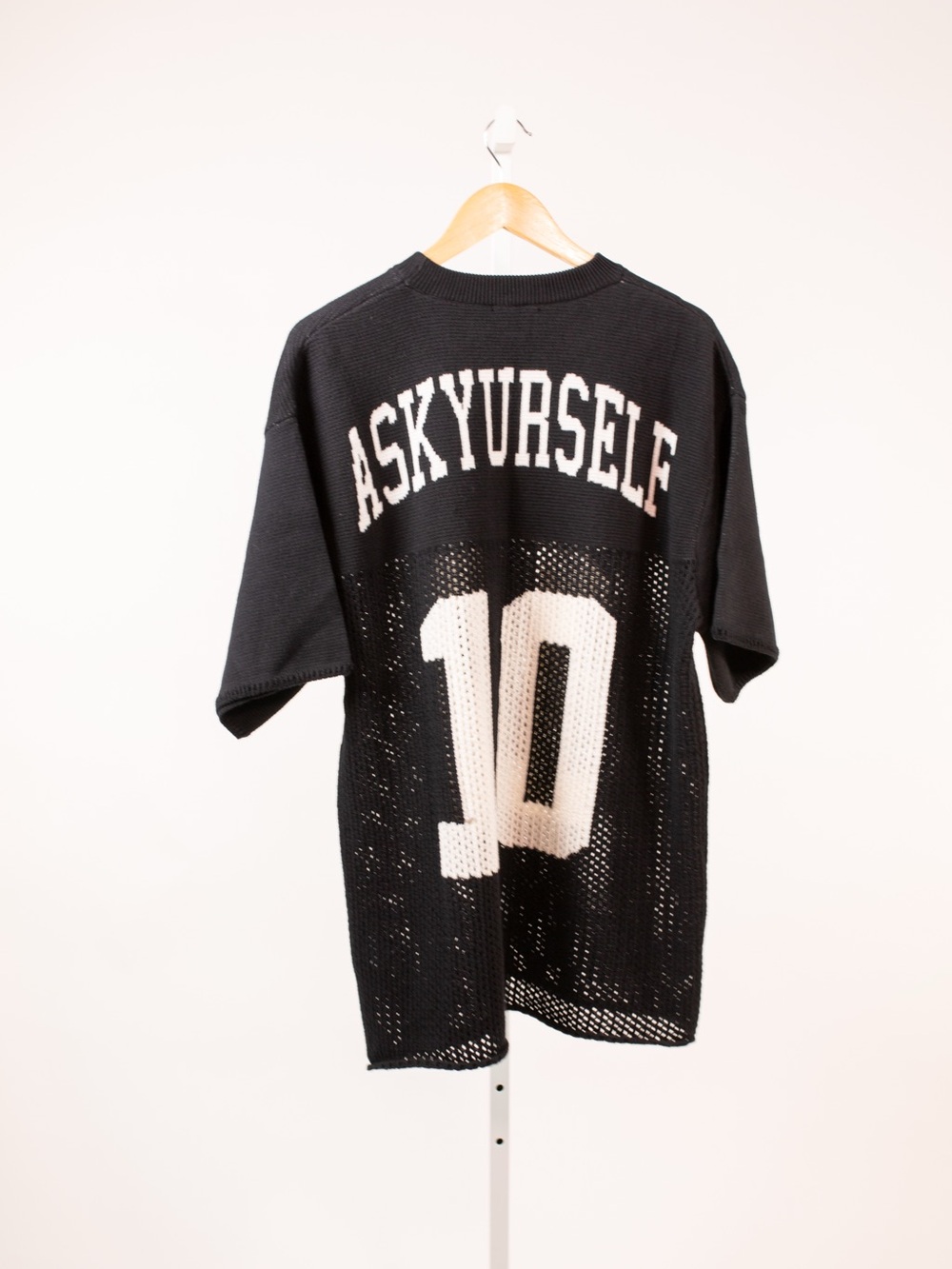 Ask Yurself Men's Black Crewneck Mesh Knit Top with Cream '10' Detail - Picture 2 of 2